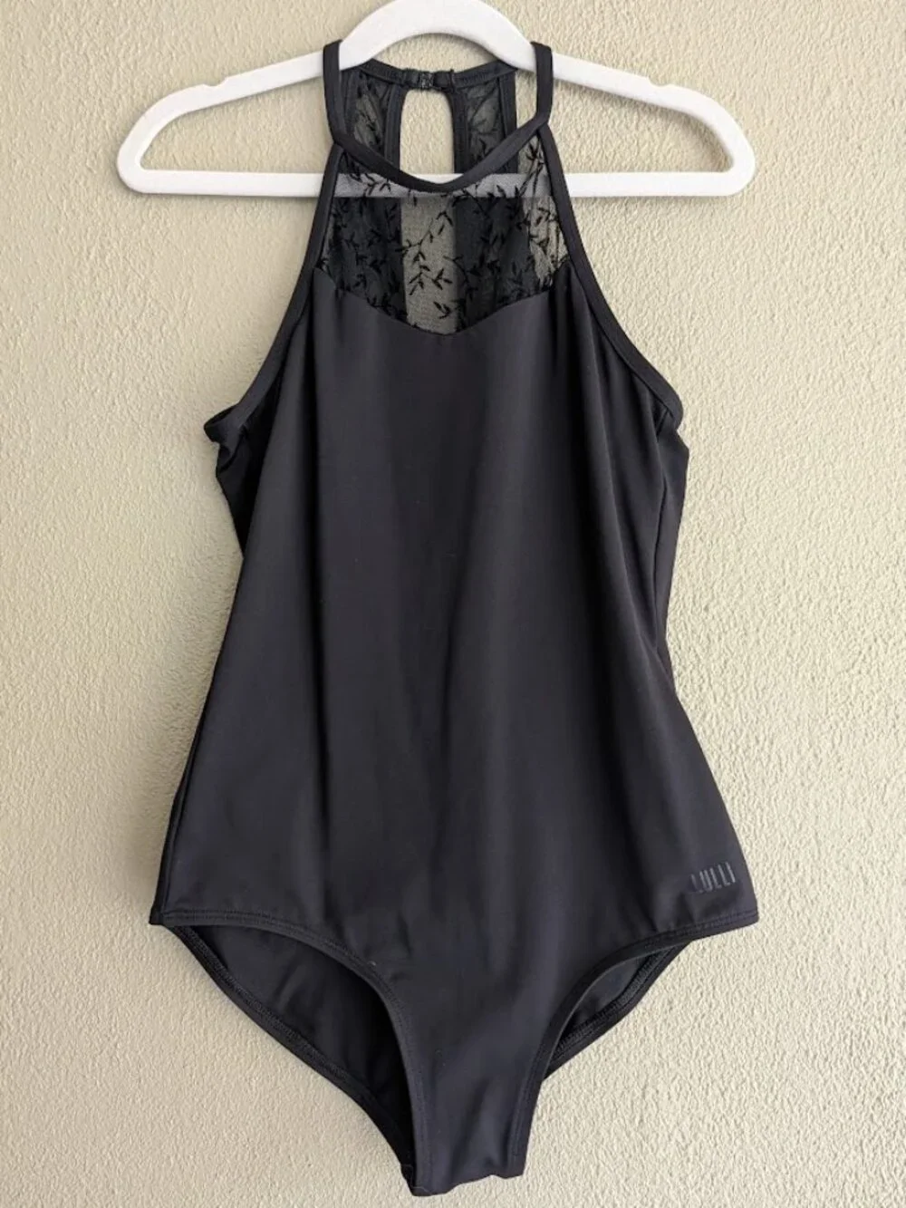 Lulli Dancewear * Agnese Black Flocked Mesh Halter Leotard * Girls Size 14